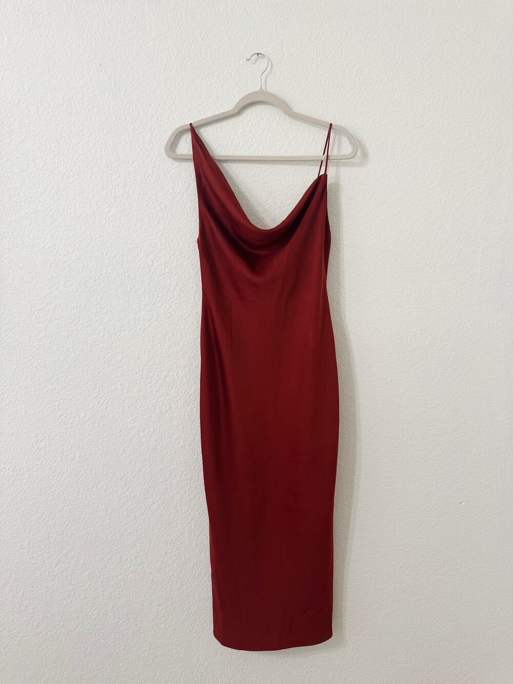 BHLDN Rust Asymmetrical Cowl Neck Satin Midi Bridesmaid Dress Size 6